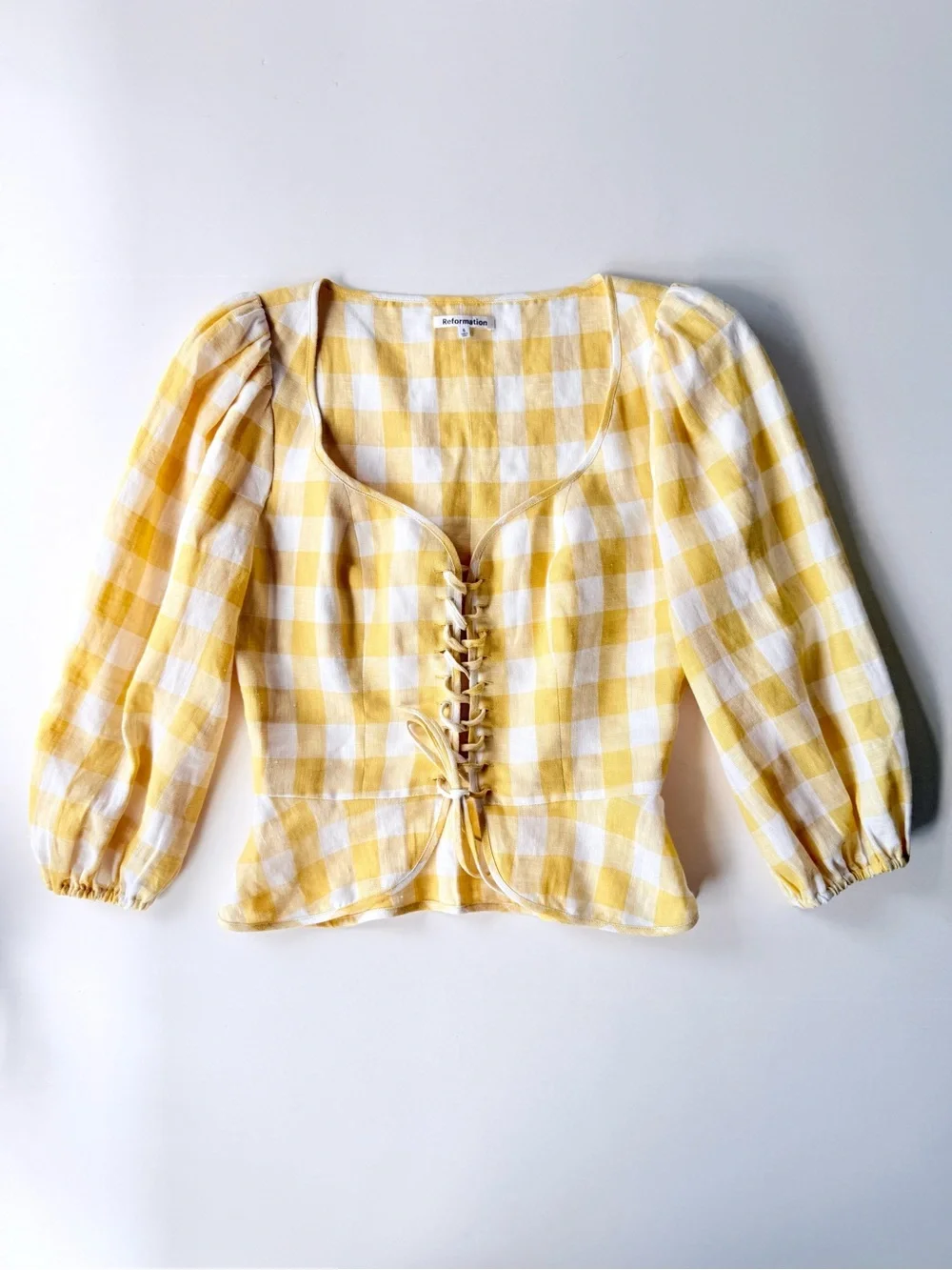 Reformation Barrett Linen Top in Dandelion Check - Corset Lace Up Yellow White 6